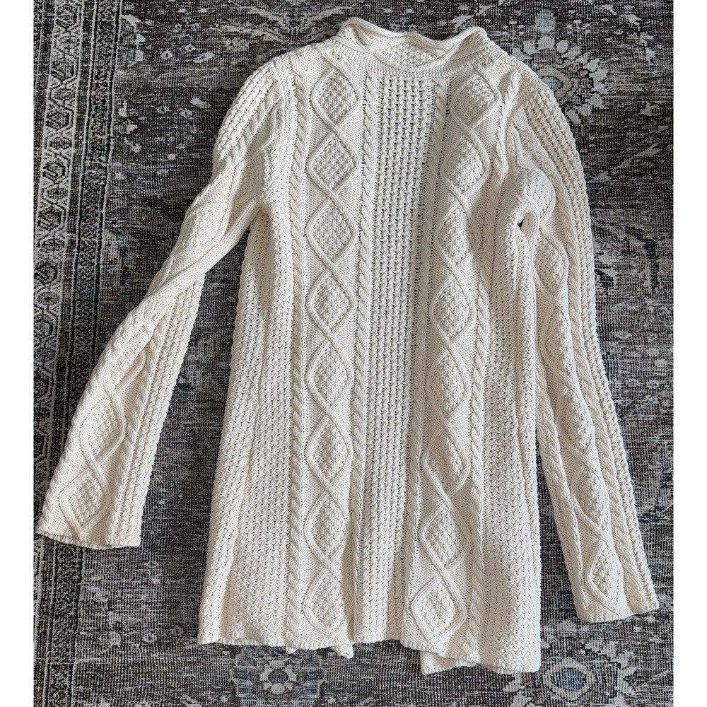 Free People Chunky Cream Cable Knit Longline Cardigan Ivory Carved Buttons Sz S‎ - Picture 3 of 5